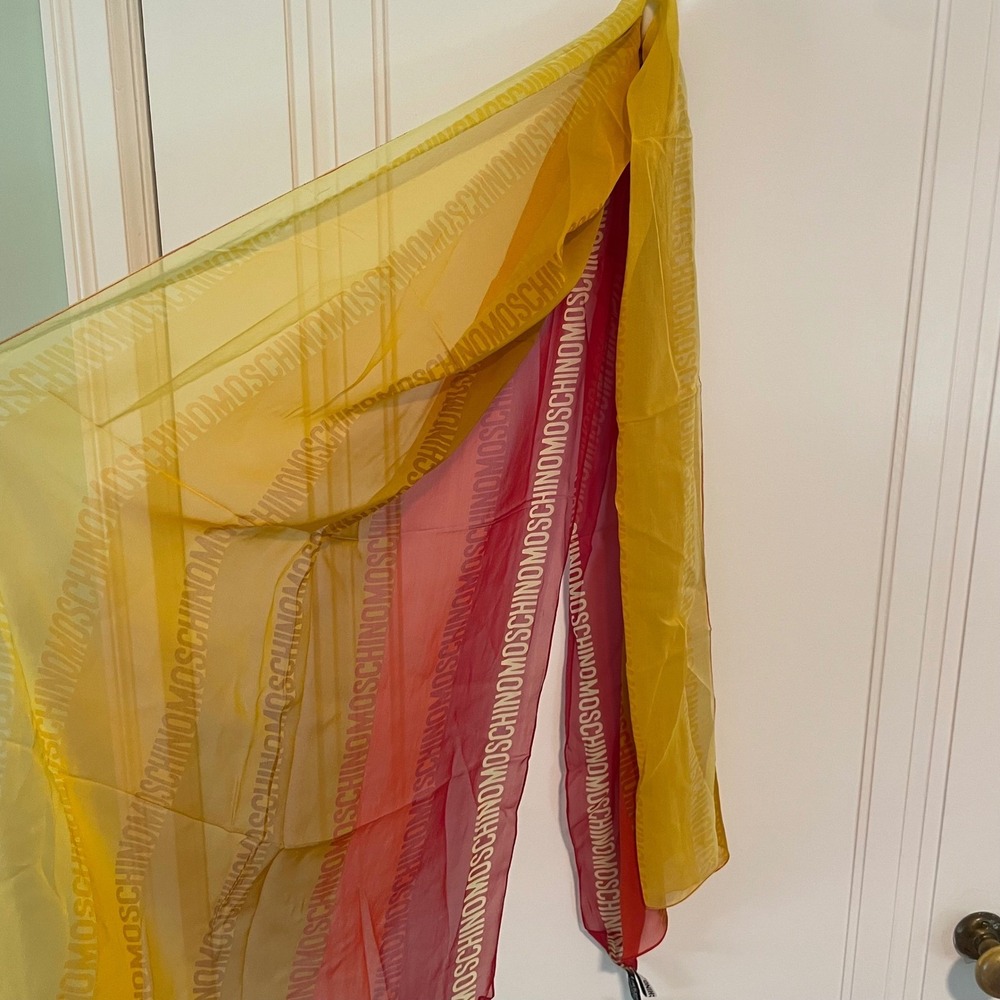 NWT Moschino Silk Chiffon Scarf Red‎ Orange Yellow Logo Stripe